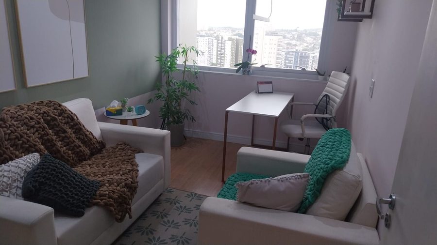 Sala de atendimento com dois sofás, planta e janela ampla com vista da cidade